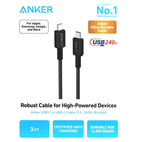 Anker Usb-C To Usb-C Cable 3Ft 240W Nylon Black, A81D5H11