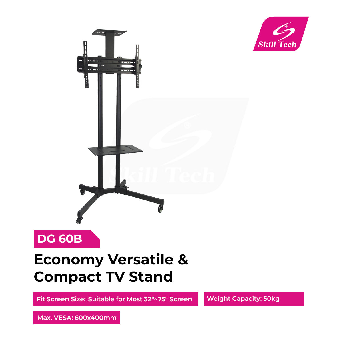 DG 60B Economy Versatile & Compact TV Stand – Mobile TV Cart for 32"–75" TVs | Height Adjustable | VESA 600×400 | 50kg Capacity