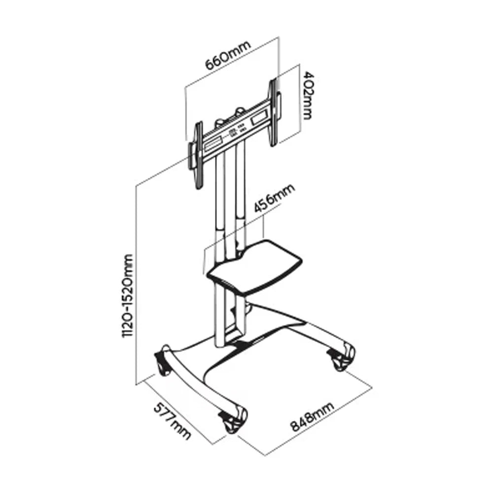 AVA1500 60 1P Large Height Adjustable Professional TV Trolley Stand – Mobile Cart for 32"–75" TVs | VESA 600×400 | 46kg Capacity