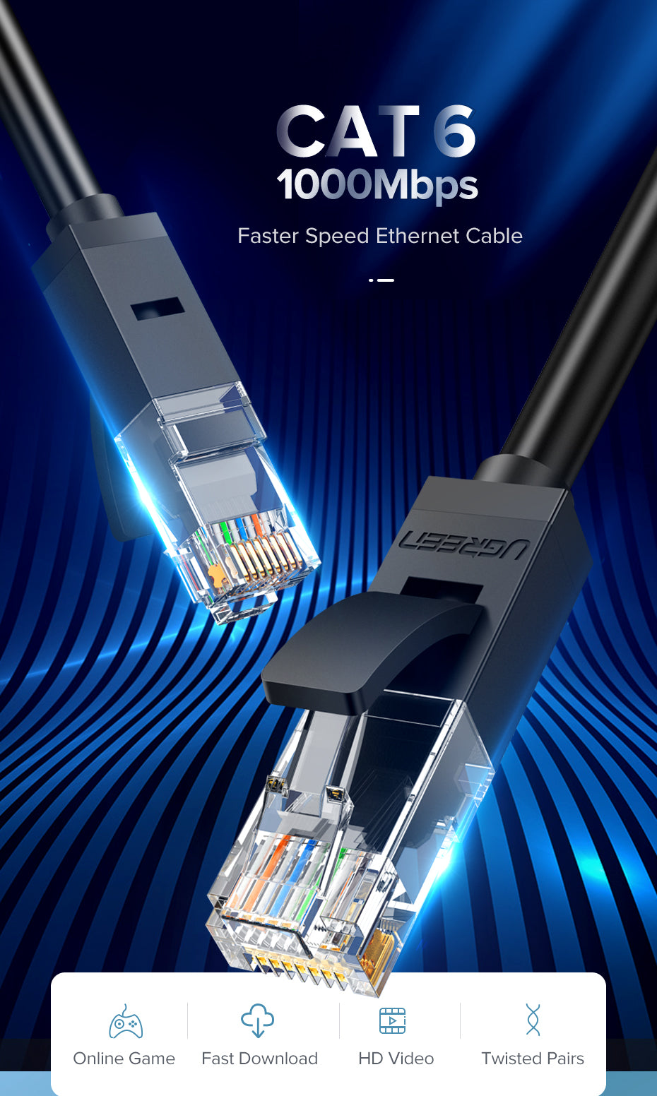 UGREEN Cat6 Ethernet Cable 1M Blue – RJ45 Gigabit LAN Network Cable (UTP, 1Gbps, 250MHz