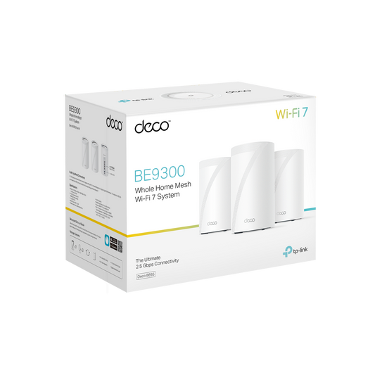 TP-LINK Deco BE65 Whole Home Mesh Wi-Fi 7 System, Dual Band, Speed up to 9.3 Gbps, 3 Pack, White