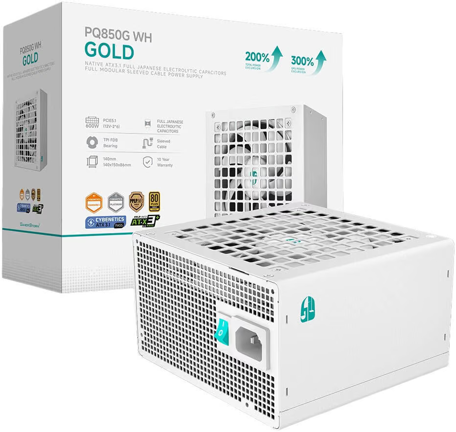 DeepCool PQ850G 850W 80 Plus Gold ATX 3.1 PCIe 5.1 Fully Modular Power Supply - White