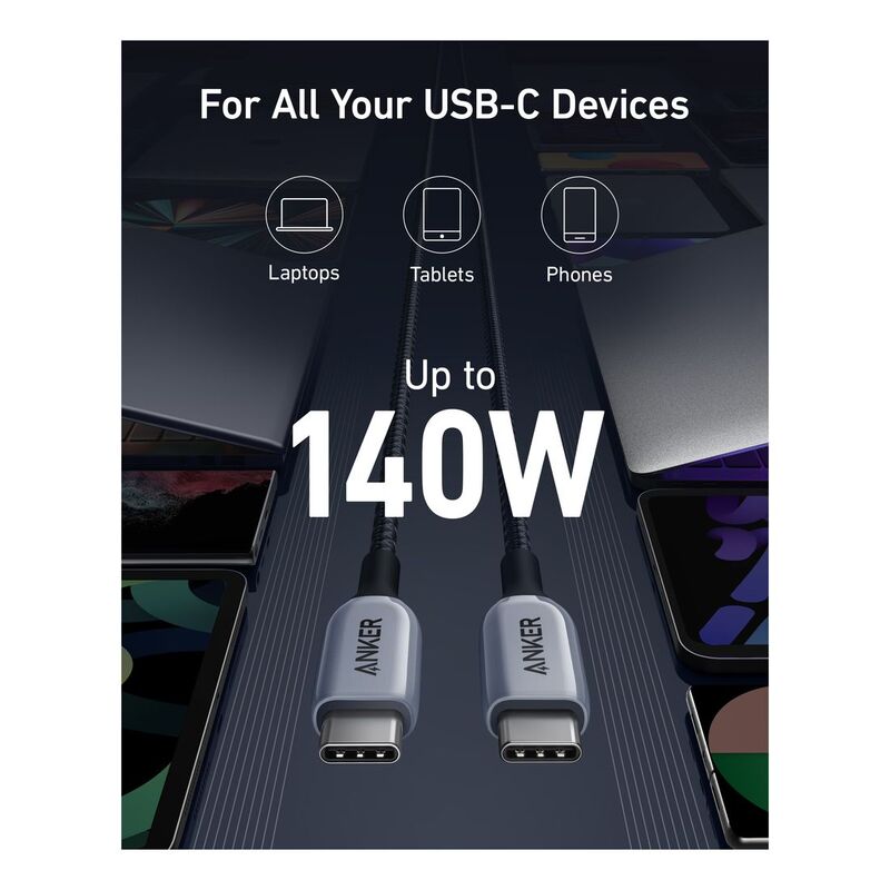 Anker 765 Usb-C To Usb-C Cable 140W 6Ft Nylon Gray, A8866HA1