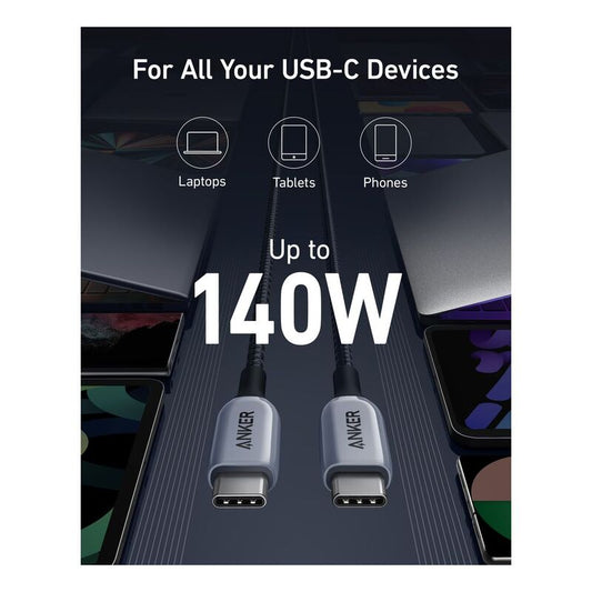 Anker 765 Usb-C To Usb-C Cable 140W 6Ft Nylon Gray, A8866HA1