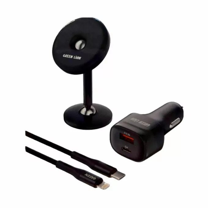 Green Lion 3 in 1 Combo ( Magnetic Car Holder / Car Charger 20W PD-QC / USB-C to Lightning Cable 1.2M 20W ) - Black,GN3IN1COMBO