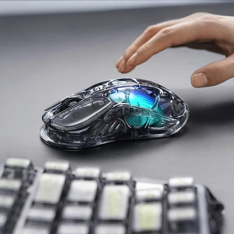 GravaStar Mercury M2 Wireless Gaming Mouse with 26,000 DPI, PAW3395DM Sensor -79g Lightweight Hollowed-Out Design -5 Programmable Buttons -5 Dynamic Lightsync RGB - Transparent Black