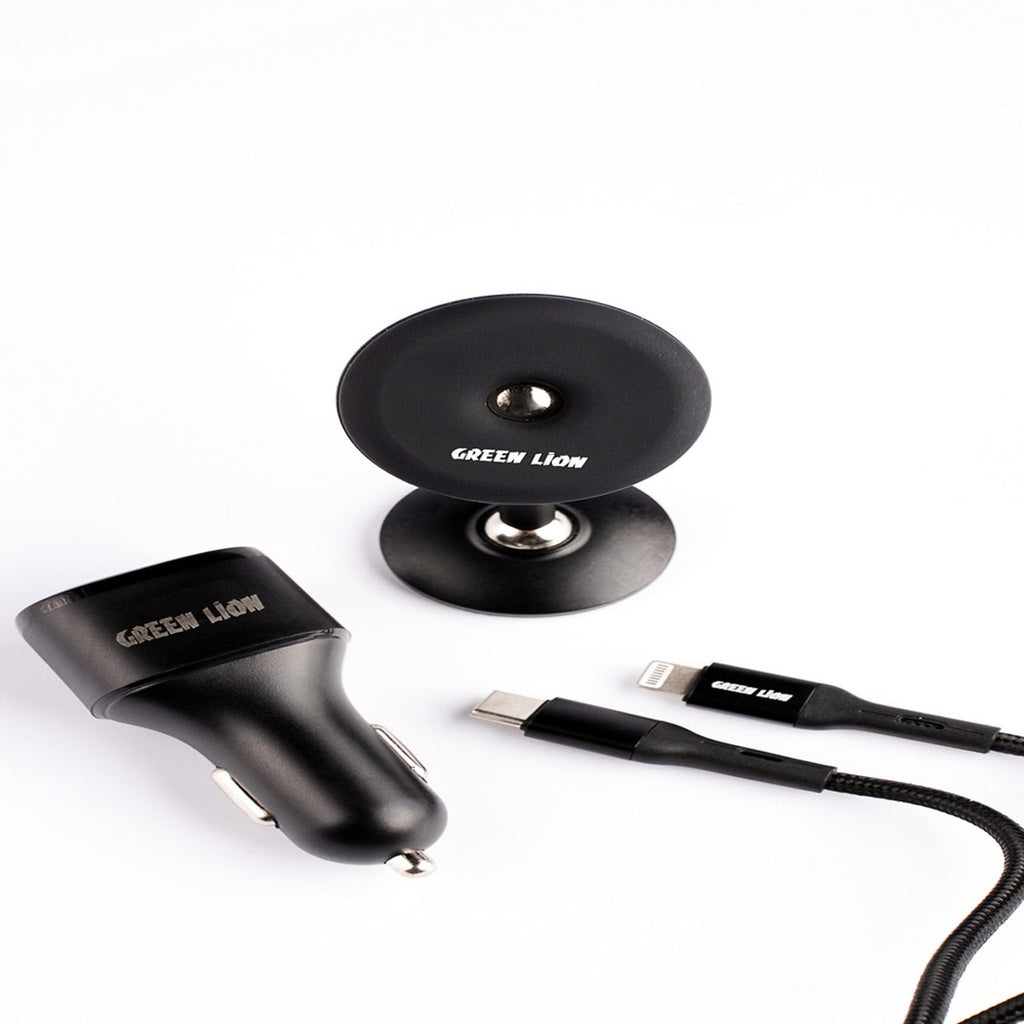 Green Lion 3 in 1 Combo ( Magnetic Car Holder / Car Charger 20W PD-QC / USB-C to Lightning Cable 1.2M 20W ) - Black,GN3IN1COMBO