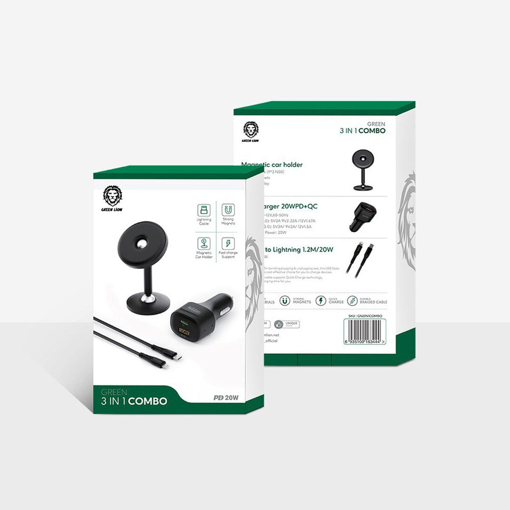 Green Lion 3 in 1 Combo ( Magnetic Car Holder / Car Charger 20W PD-QC / USB-C to Lightning Cable 1.2M 20W ) - Black,GN3IN1COMBO