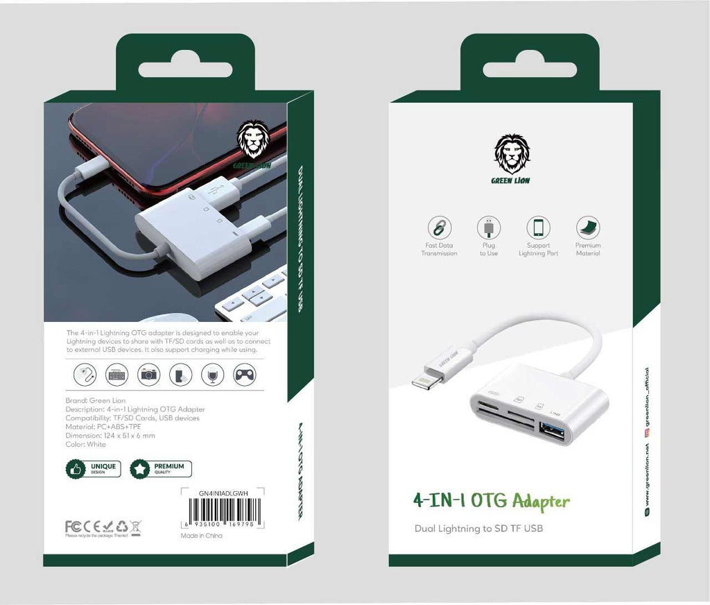 Green Lion 4-In-1 Lightning OTG Adapter with SD TF Card Slots Type-C and USB-A Ports GN4IN1ADLGWH