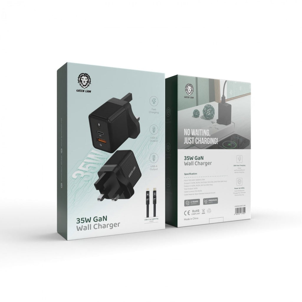 Green Lion 35W Gan Wall Charger with C to Lightning Cable - Black, GN35WGANCTLBK