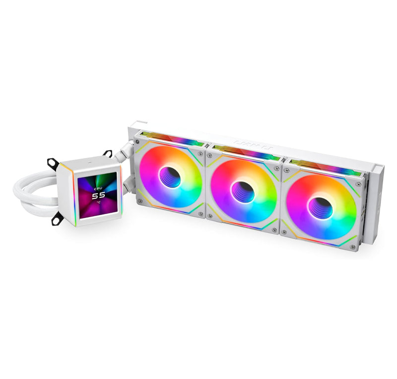 LIAN LI GALAHAD II LCD 360 AIO CPU LIQUID COOLER WITH 120MM SL INFINITY FANS, 2.88” IPS LCD SCREEN, ASETEK 8TH GEN 3600 RPM PUMP, 2450 RPM FAN SPEED, 79.9 CFM AIRFLOW, WHITE | GA2ALCD36INW