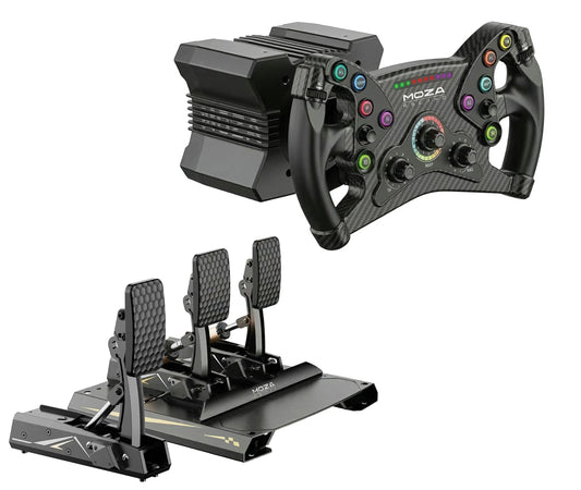 MOZA GT Racing Ultimate 3-Pedal Sim Bundle: R9 V3 Direct Drive Base, KS GT Steering Wheel, CRP2 Load Cell Pedals & CRP2 Clutch Games Corner 