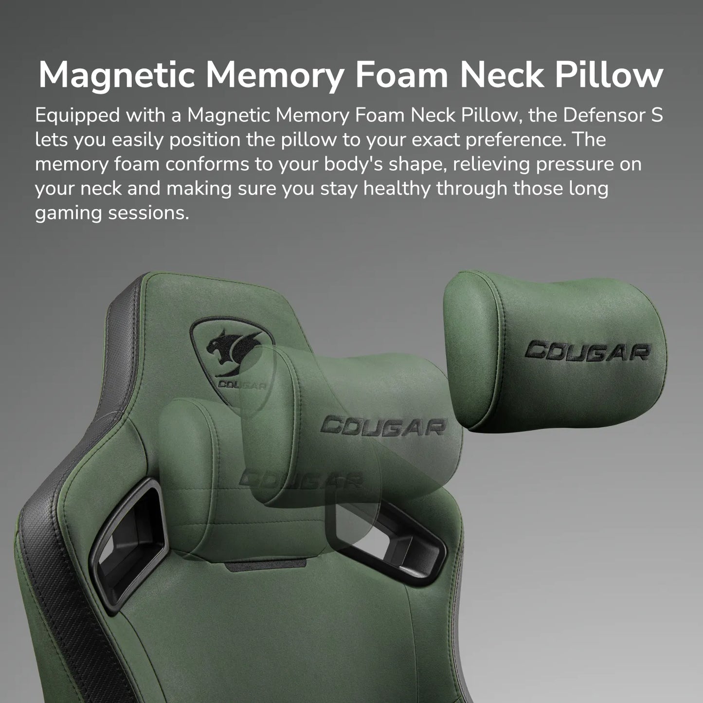 COUGAR Defensor S Gaming Chair Army Green F – PushBack Lumbar Support, 4D Folding Armrests, Magnetic Memory Foam Neck Pillow