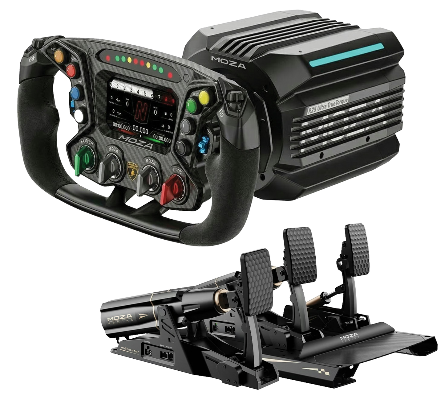 MOZA Racing Ultra Sim Bundle, Lamborghini Essenza SCV12 Wheel, R25 Direct Drive Base (25Nm) & mBooster Active Pedals
