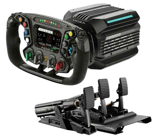 MOZA Racing Ultra Sim Bundle, Lamborghini Essenza SCV12 Wheel, R25 Direct Drive Base (25Nm) & mBooster Active Pedals Games Corner 