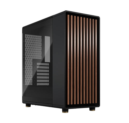 FRACTAL DESIGN NORTH TG ATX MID TOWER GAMING PC CASE, OPEN FRONT WITH WALNUT & TEMP GLASS SIDE PANEL, UP TO 360MM RADIATOR & 8X120MM FANS, USB TYPE-C/ 3.0, CHARCOAL BLACK TG DARK | FD-C-NOR1C-02