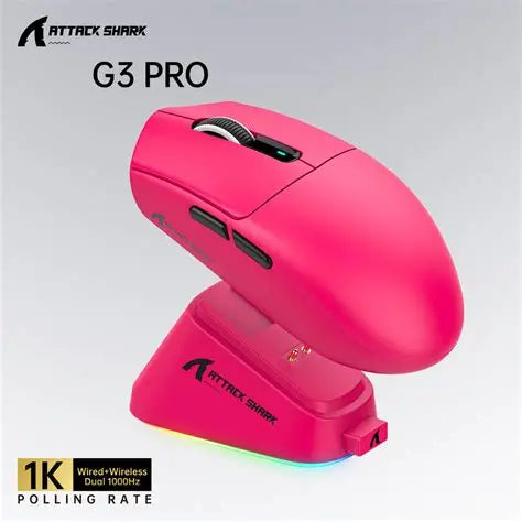 ATTACK SHARK G3PRO Wireless Gaming Mouse with Magnetic Charging Dock, PixArt PAW3311 Sensor, Up to 25000 DPI, BT/2.4Ghz/Wired, 100M Clicks, 500mAh, 59g SUPERLIGHT Mice for Win11/Xbox/PS/Mac -BerryRed Games Corner 