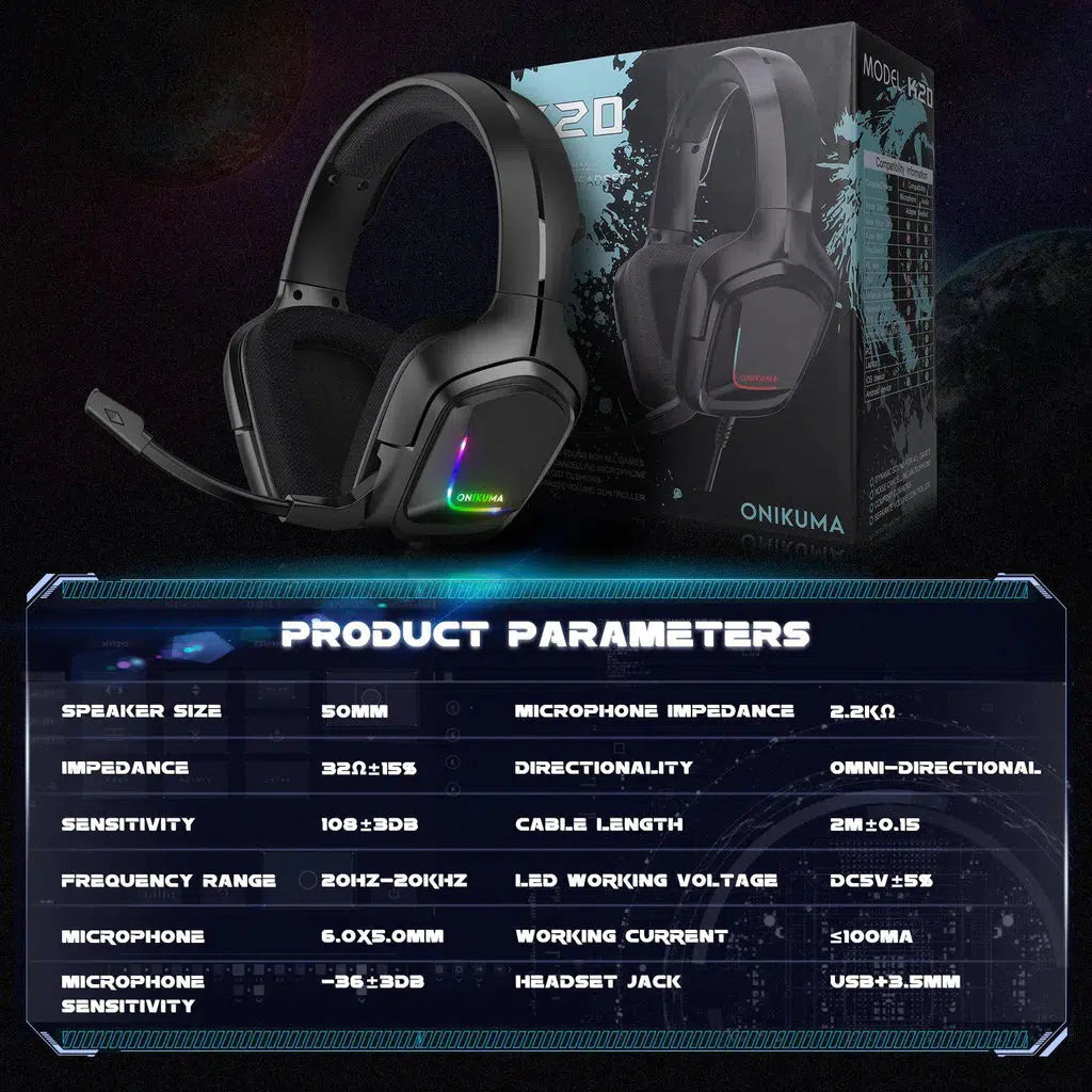 ONIKUMA K20 Wired Gaming Headsets With Microphone RGB Light-Black