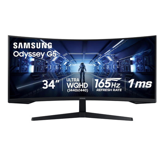 Samsung 34' Odyssey G5 Ultra-Wide Gaming Monitor with 1000R Curved Screen, 165Hz, 1ms, FreeSync Premium, Large Display, Eye Comfort, Multiple Ports, WQHD, Black - LC34G55TWWMXZN