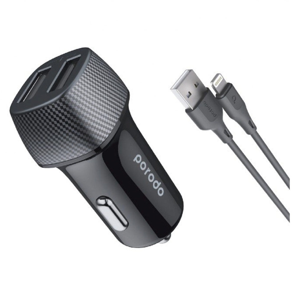 Porodo Dual Port Car Charger 3.4A with Lightning Cable 0.9M - Black