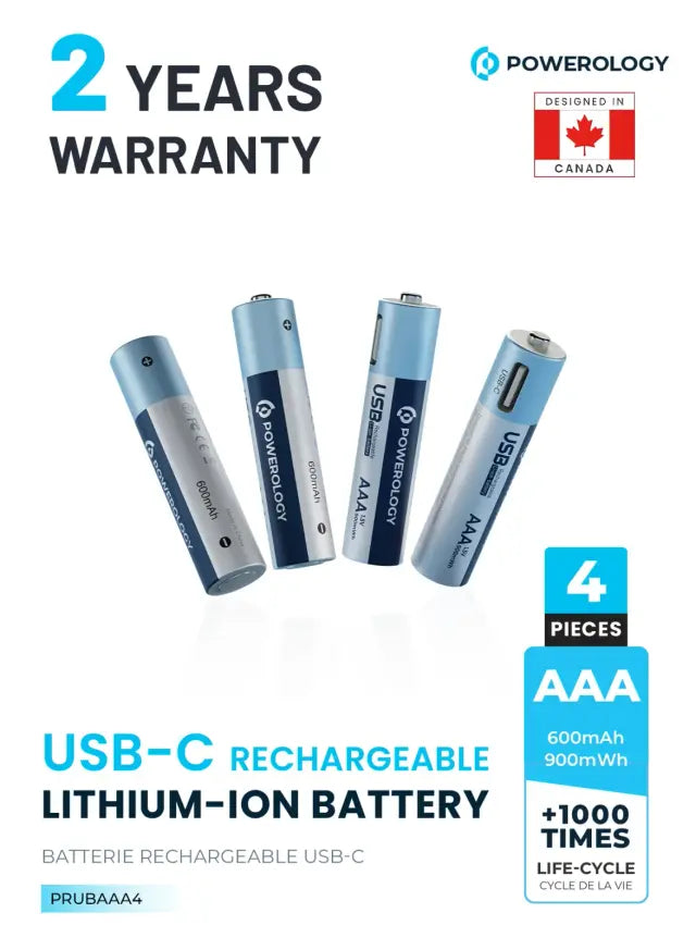 Powerology USB-C Rechargeable Lithium-Ion AAA Battery