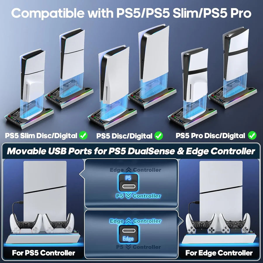 OIVO Vertical Stand for PS5 ,PS5 Slim with Cooling Fan Cooling Stand Controller Charging Station for PS5