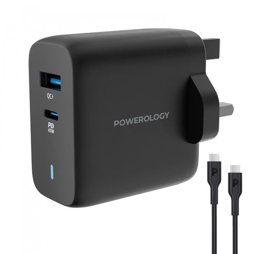 Powerology 63W Ultra-Quick Gan Charger 45W PD & USB-A Quick Charge 18WQC3.0 With 60W Type-C To Type-C Cable SKU: PWCUQC004-C