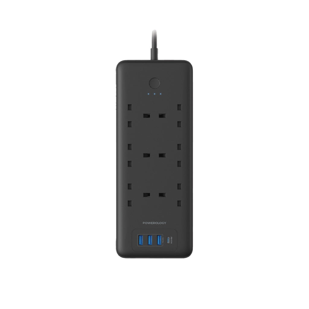 Powerology 48W 6AC 1x PD USB-C and 3x QC USB-A Power Strip with UK Plug - Black