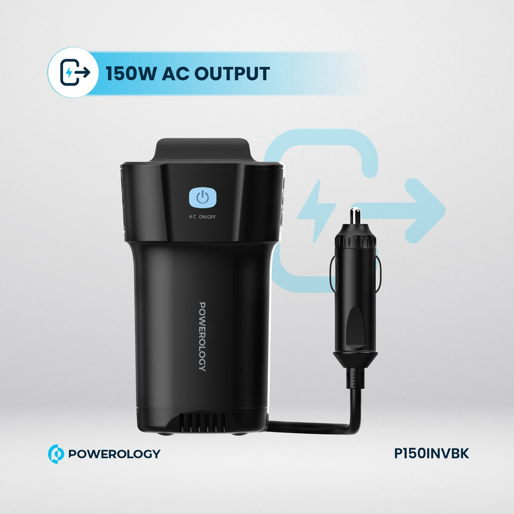 Powerology 150W Inverter AC Universal USB A 2type-C DC Car 12V10A - Black