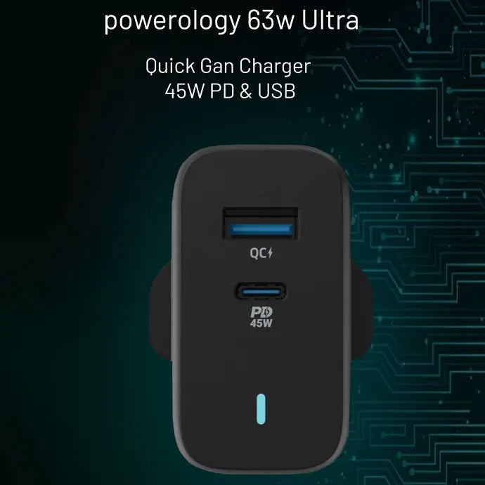Powerology 63W Ultra-Quick Gan Charger 45W PD & USB-A Quick Charge 18WQC3.0 With 60W Type-C To Type-C Cable SKU: PWCUQC004-C