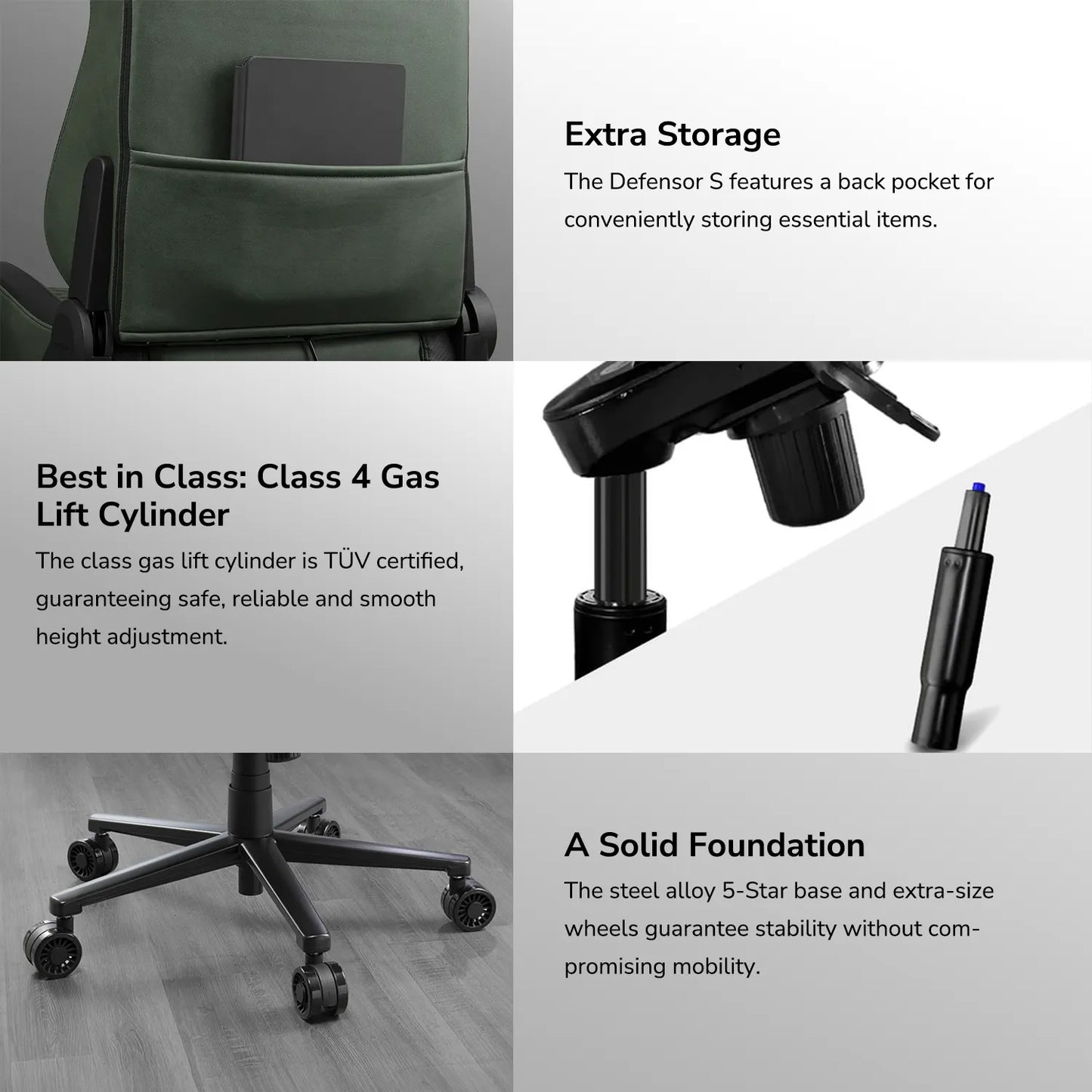 COUGAR Defensor S Gaming Chair Army Green F – PushBack Lumbar Support, 4D Folding Armrests, Magnetic Memory Foam Neck Pillow