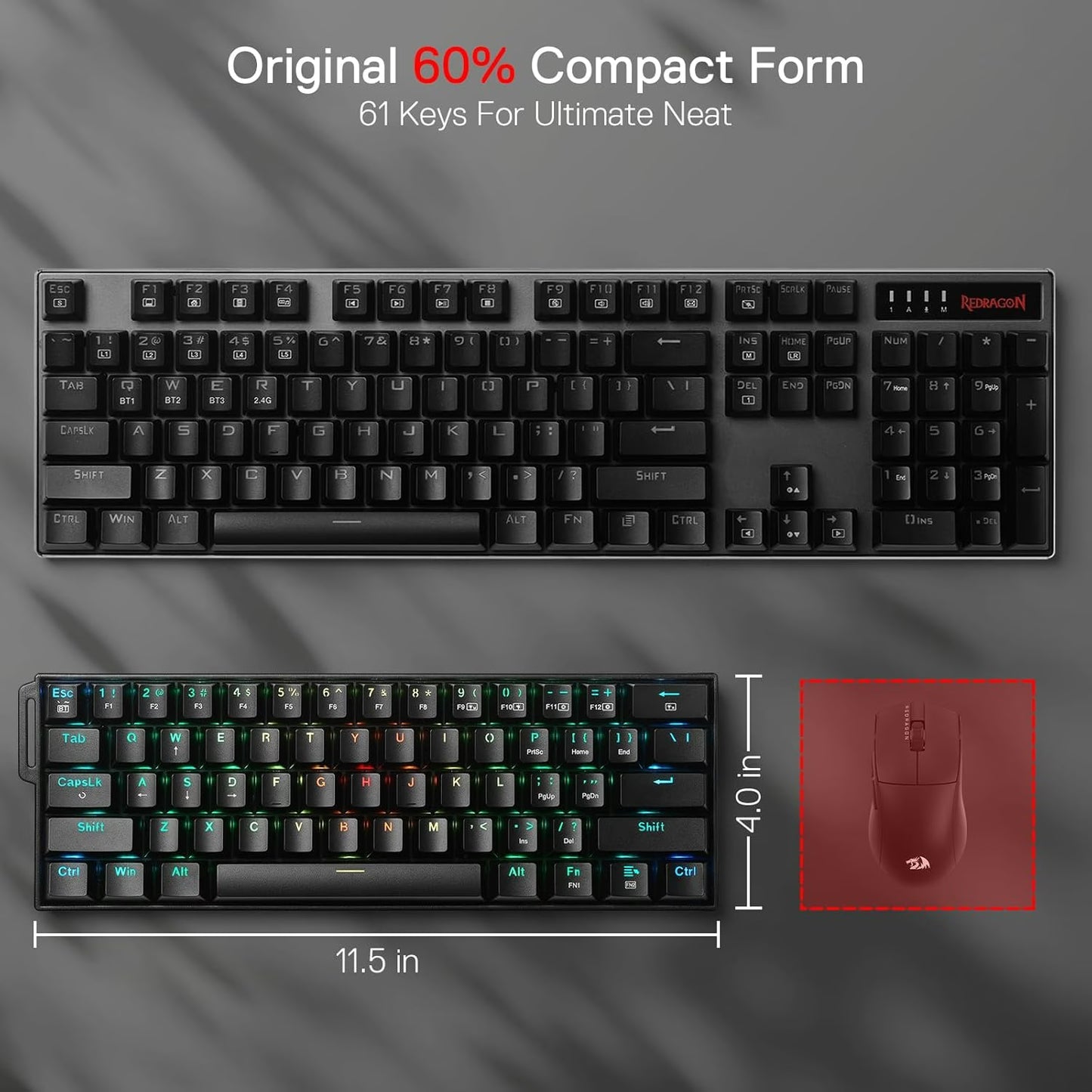 Redragon K530 Pro Wireless Gaming Keyboard – 60% Compact 61 Keys, Hot-Swappable, Custom Linear Dragon Chant Switches, RGB, Carrying Strap | K530RGB-PRO-P