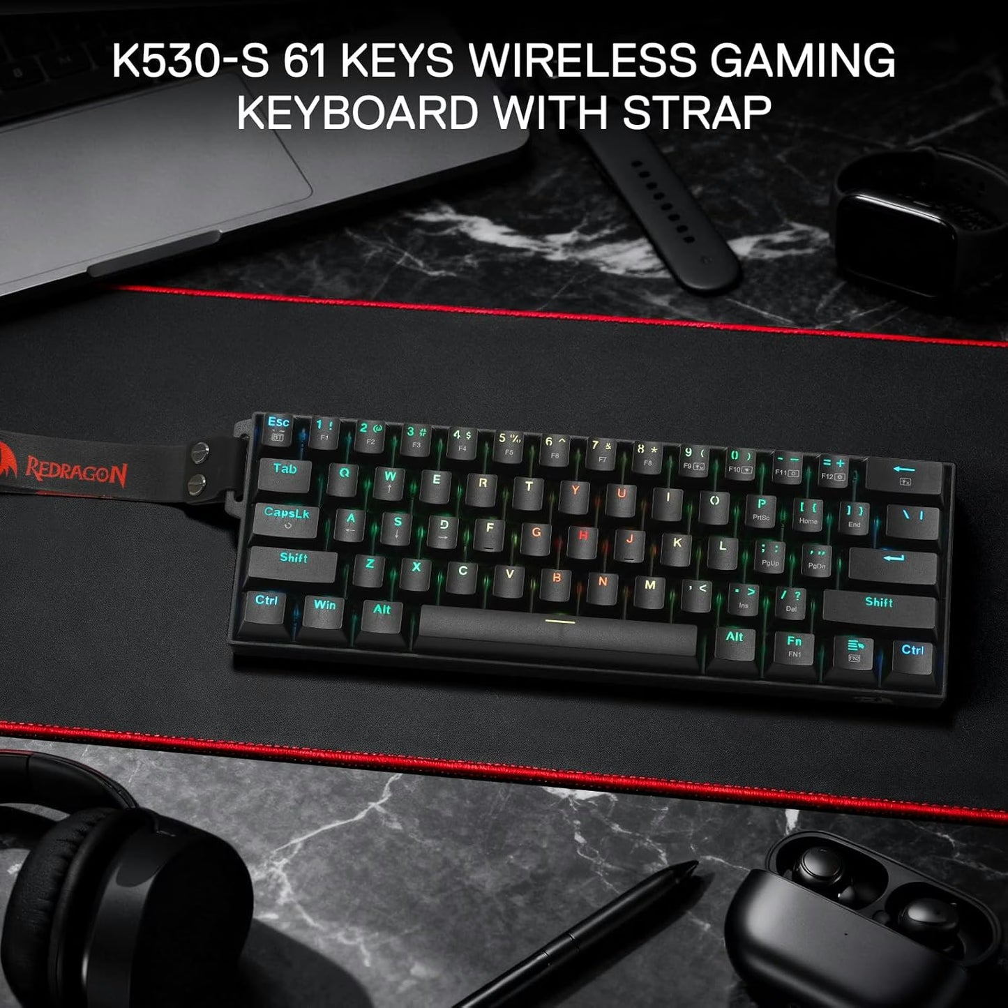 Redragon K530 Pro Wireless Gaming Keyboard – 60% Compact 61 Keys, Hot-Swappable, Custom Linear Dragon Chant Switches, RGB, Carrying Strap | K530RGB-PRO-P