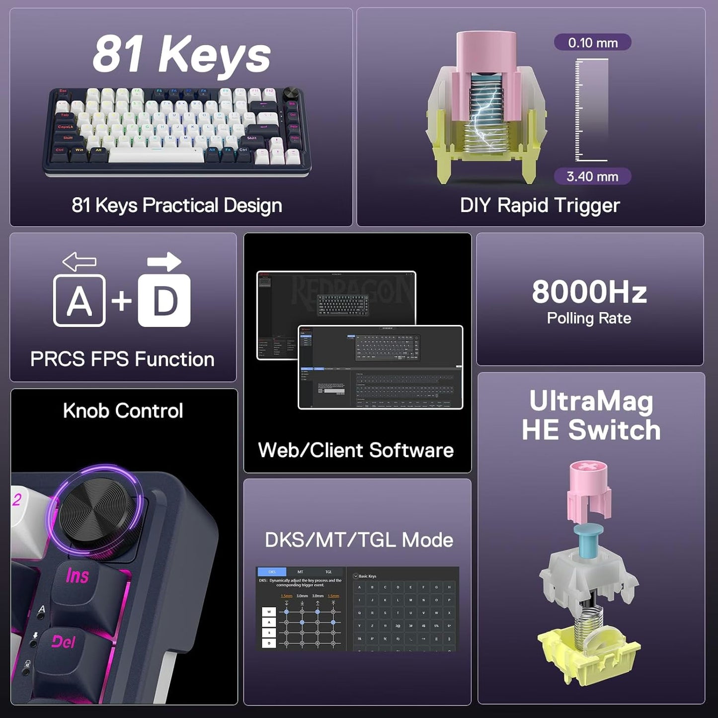 Redragon K673 HE Rapid Trigger Magnetic Keyboard – 81-Key 8K Wired Mechanical Keyboard, UltraMag POM Switches, Dual-Module Floating Structure | K673WB-RGB-M