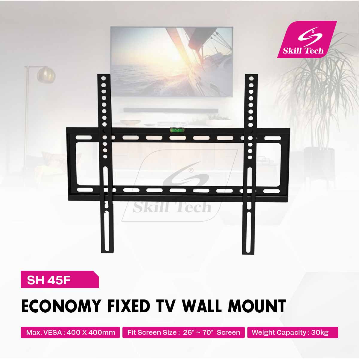 Skill Tech SH 45F Economy Fixed TV Wall Mount Bracket for Up to 70 Inch TVs | Heavy-Duty Steel, Slim Design, Easy Installation, Black