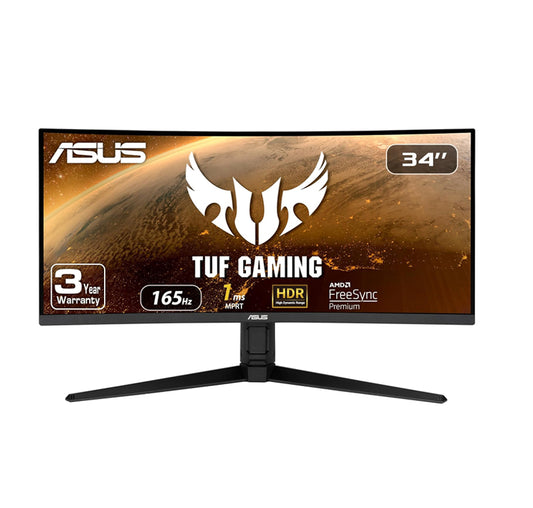 ASUS TUF 34 INCH CURVED GAMING MONITOR - WQHD (3440X1440), 165HZ, 1MS, EXTREME LOW MOTION BLUR, FREESYNC PREMIUM, EYE CARE, HEIGHT ADJUSTABLE, DISPLAYHDR 400, DISPLAYPORT, HDMI, USB