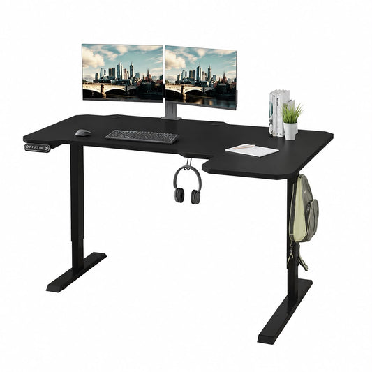 XOVO Height Adjustable L-Shaped Gaming Desk – Motorized Electric Desk, Carbon Fiber Surface, RGB LED Lighting & Headphone Hook – Black Right