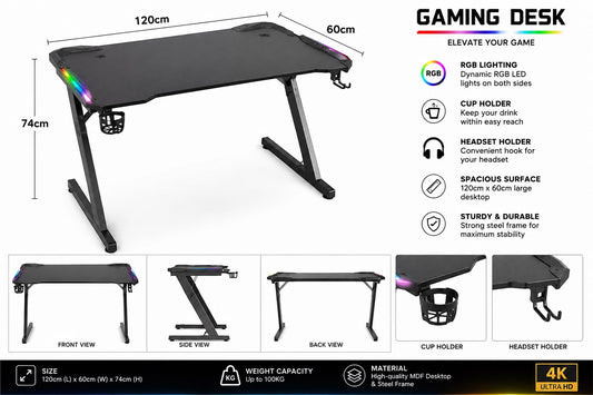 XOVO Carbon Fiber RGB Gaming Table (Z Shaped) 120 × 60 × 74 cm with Cup Holder & Phone Holder