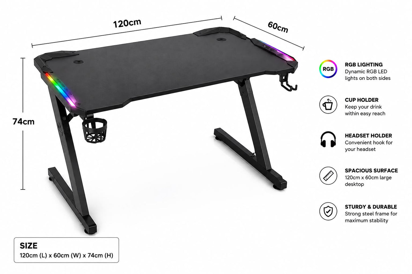 XOVO Carbon Fiber RGB Gaming Table (Z Shaped) 120 × 60 × 74 cm with Cup Holder & Phone Holder