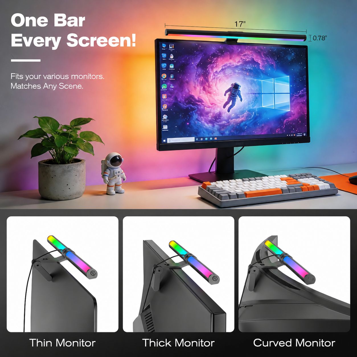 RGB Monitor Light Bar for Curved & Flat Screens, Eye-Care LED Screen Lamp with 9 Modes & Dimmable Frontlight