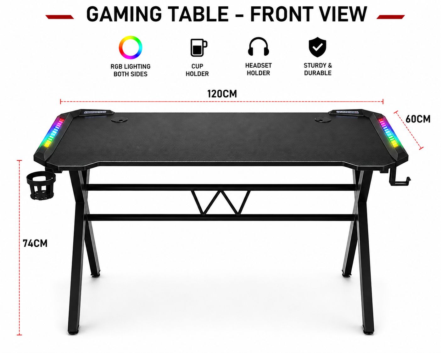 XOVO Carbon Fiber RGB Gaming Table (K Shaped) 120 × 60 × 74 cm with Cup Holder & Phone Holder
