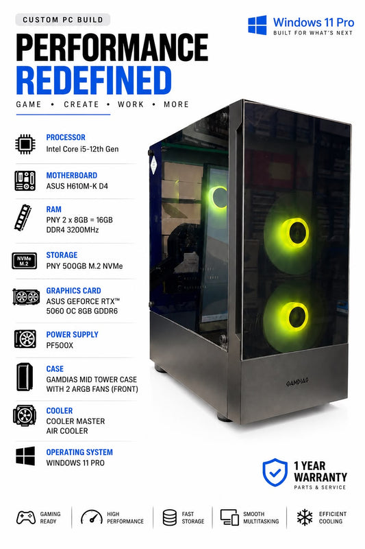 Ready-Built Gaming PC – Intel Core i5 12th Gen + RTX 5060 8GB