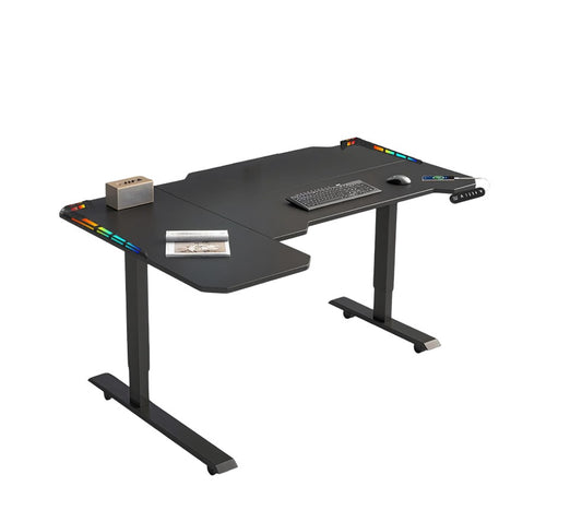 XOVO Height Adjustable L-Shaped Gaming Desk – Motorized, Carbon Fiber Surface, RGB LED Lighting, Cup Holder & Headphone Hook  – Black Left
