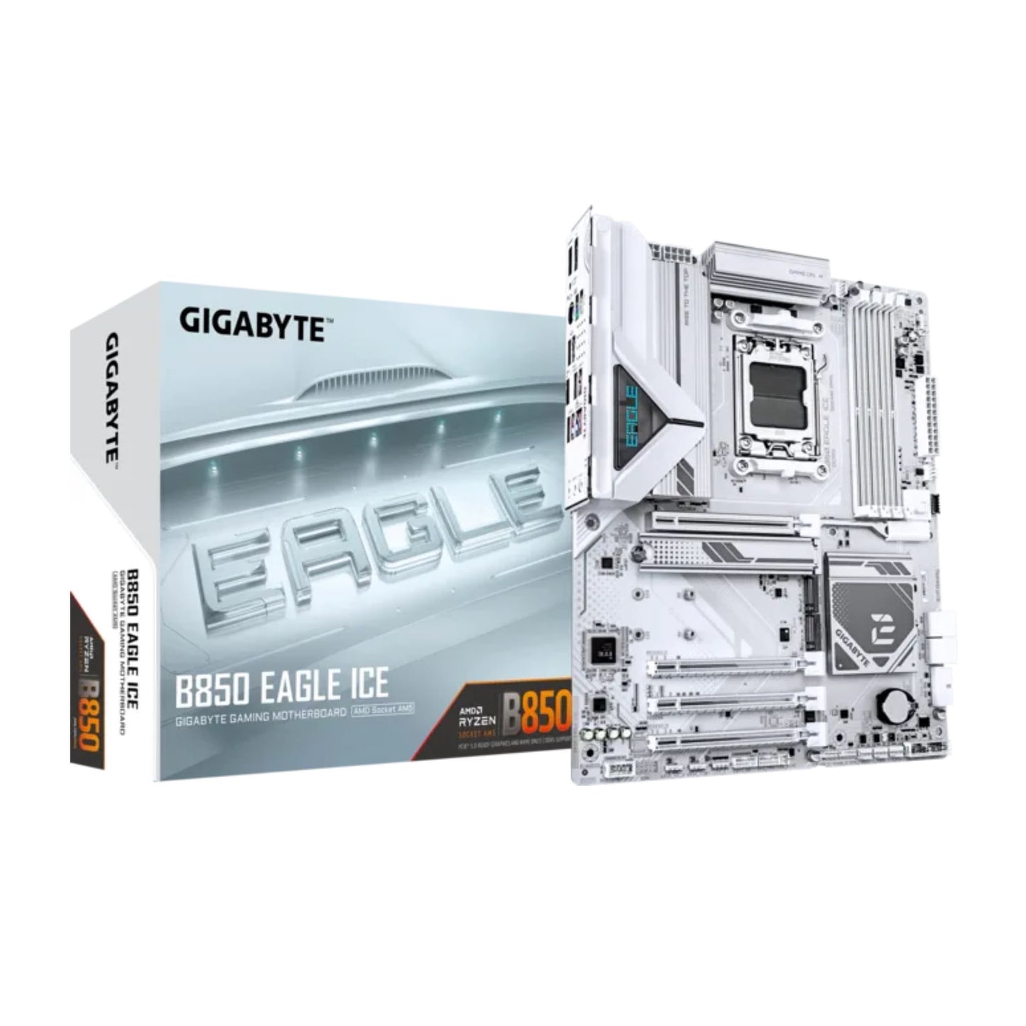 GIGABYTE B850 EAGLE ICE AMD B850 AM5 ATX Motherboard, DDR5 8200MHz (OC), PCIe 5.0 x16, 3× M.2 NVMe, Realtek 2.5GbE LAN, USB 3.2 Gen 2 Type-C, HDMI 2.1, DisplayPort 1.4, Q-Flash Plus, White