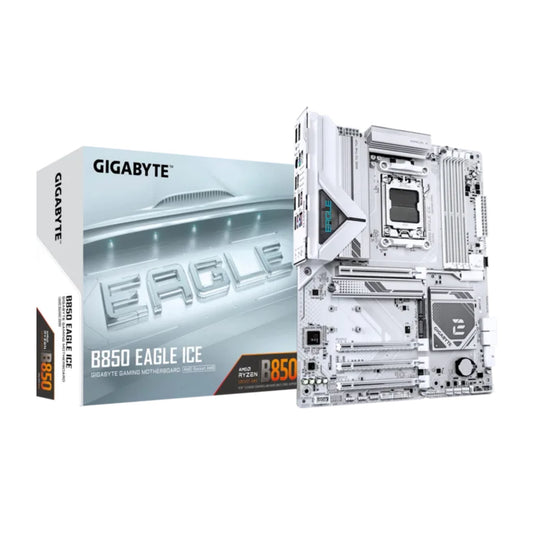 GIGABYTE B850 EAGLE ICE AMD B850 AM5 ATX Motherboard, DDR5 8200MHz (OC), PCIe 5.0 x16, 3× M.2 NVMe, Realtek 2.5GbE LAN, USB 3.2 Gen 2 Type-C, HDMI 2.1, DisplayPort 1.4, Q-Flash Plus, White Games Corner 