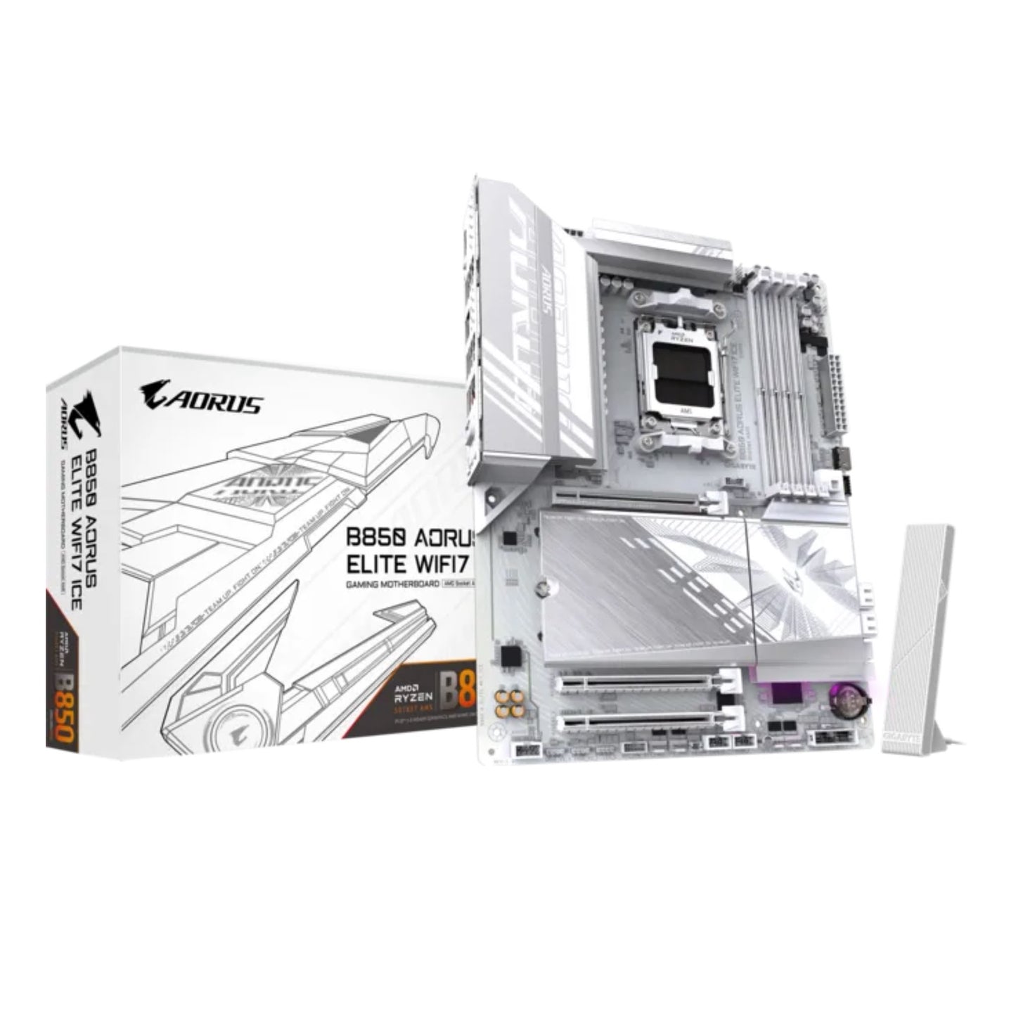 GIGABYTE B850 AORUS ELITE WIFI7 ICE (Rev. 1.x) AMD B850 ATX Gaming Motherboard, AM5 Socket, Supports Ryzen™ 9000/8000/7000 Series, DDR5 8200MHz+ (OC), PCIe 5.0 x16, Triple M.2 NVMe, Wi-Fi 7, 2.5GbE LAN, USB 3.2 Gen2x2 Type-C