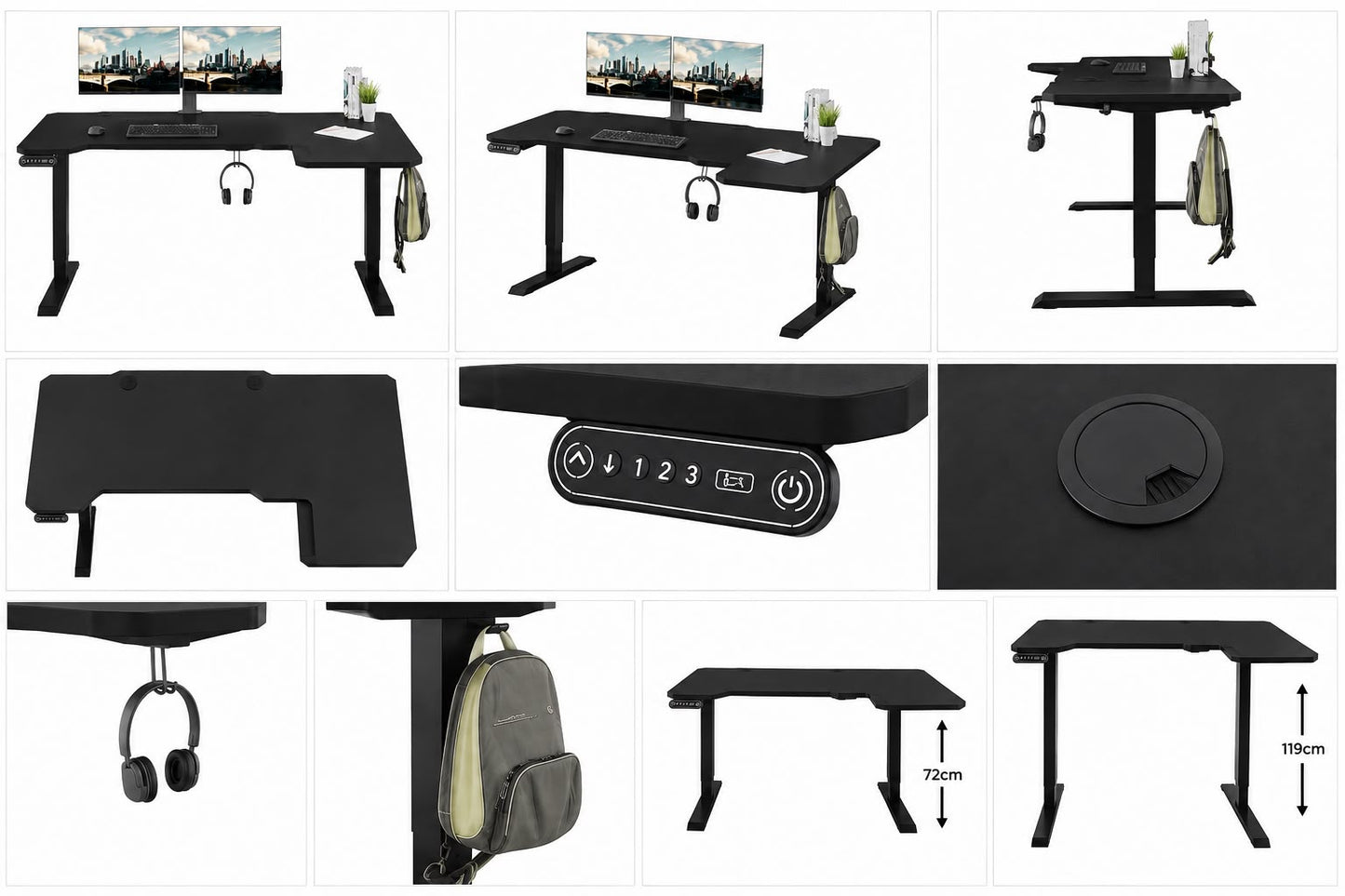 XOVO Height Adjustable L-Shaped Gaming Desk – Motorized Electric Desk, Carbon Fiber Surface, RGB LED Lighting & Headphone Hook – Black Right