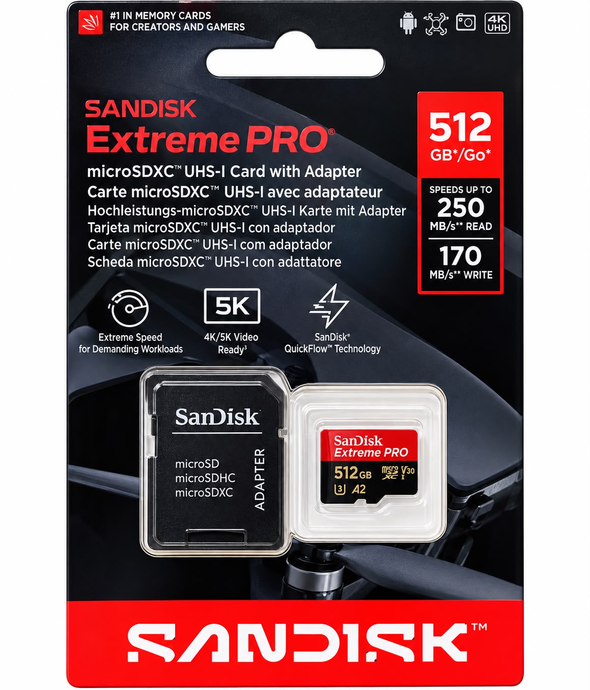 SanDisk Extreme PRO 512GB microSDXC UHS-I Memory Card with Adapter SDSQXCJ-512G-GS6MA