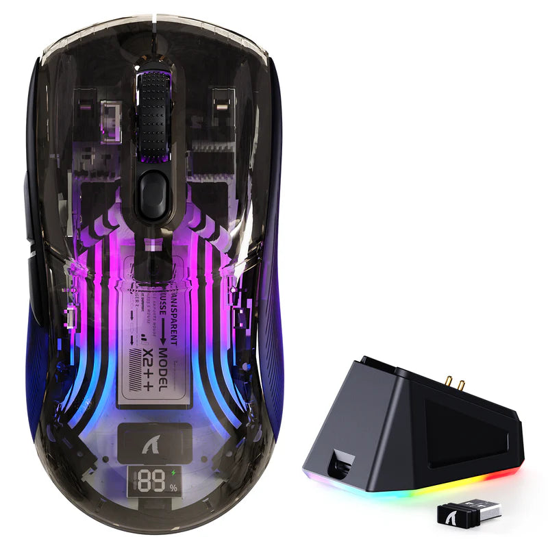 ATTACK SHARK X2 PRO Wireless Semi-Transparent Black Gaming Mouse with RGB Magnetic Charging Dock,Tri-Mode (BT/2.4G/Wired)-Black