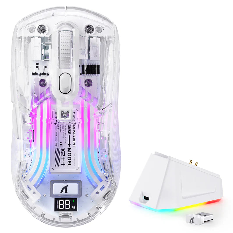 ATTACK SHARK X2 PRO Wireless Semi-Transparent Black Gaming Mouse with RGB Magnetic Charging Dock,Tri-Mode (BT/2.4G/Wired)-White